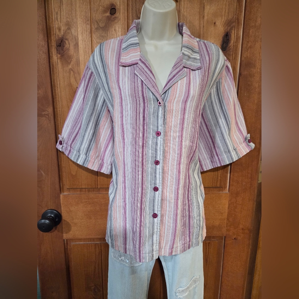Blair Striped Button-Down Shirt in Pink,‎ Purple, Gray